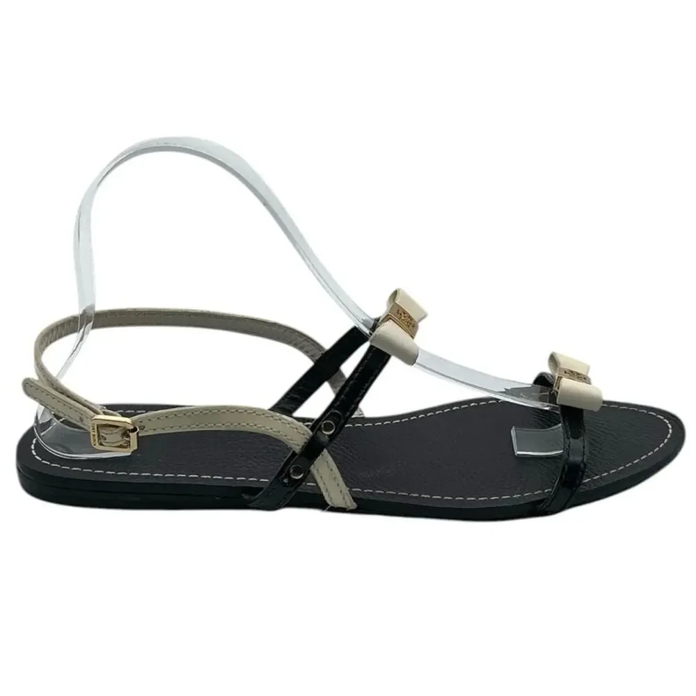 Tory Burch Kailey Bow Strappy Sandal Leather Black Cream Logo 10‎